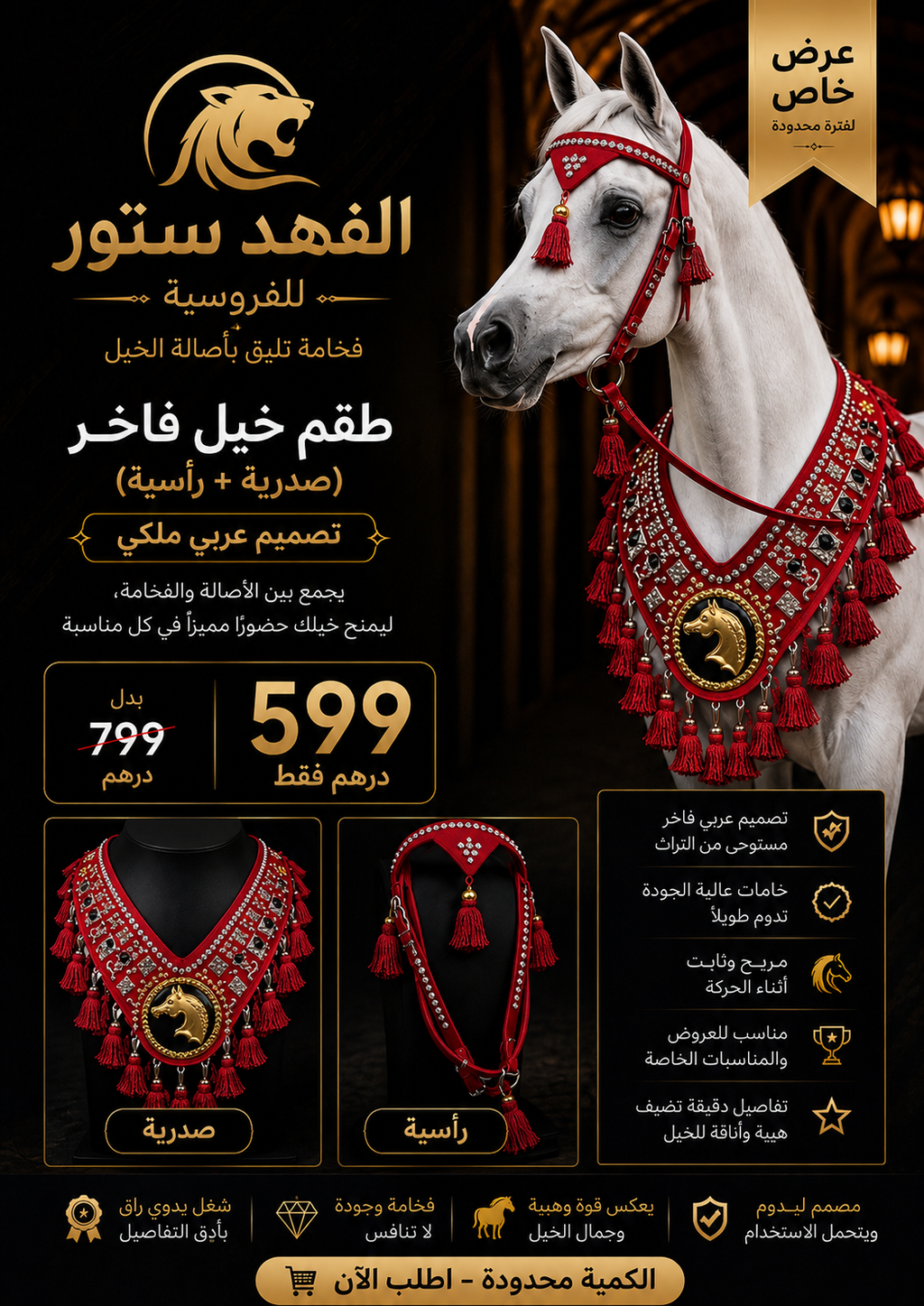 طقم خيل فاخر (صدرية + رأسية) – تصميم ملكي عربي