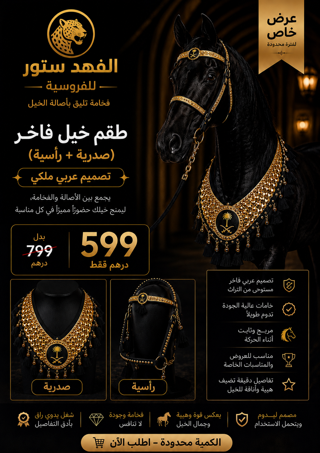 طقم خيل فاخر (صدرية + رأسية) – تصميم ملكي عربي