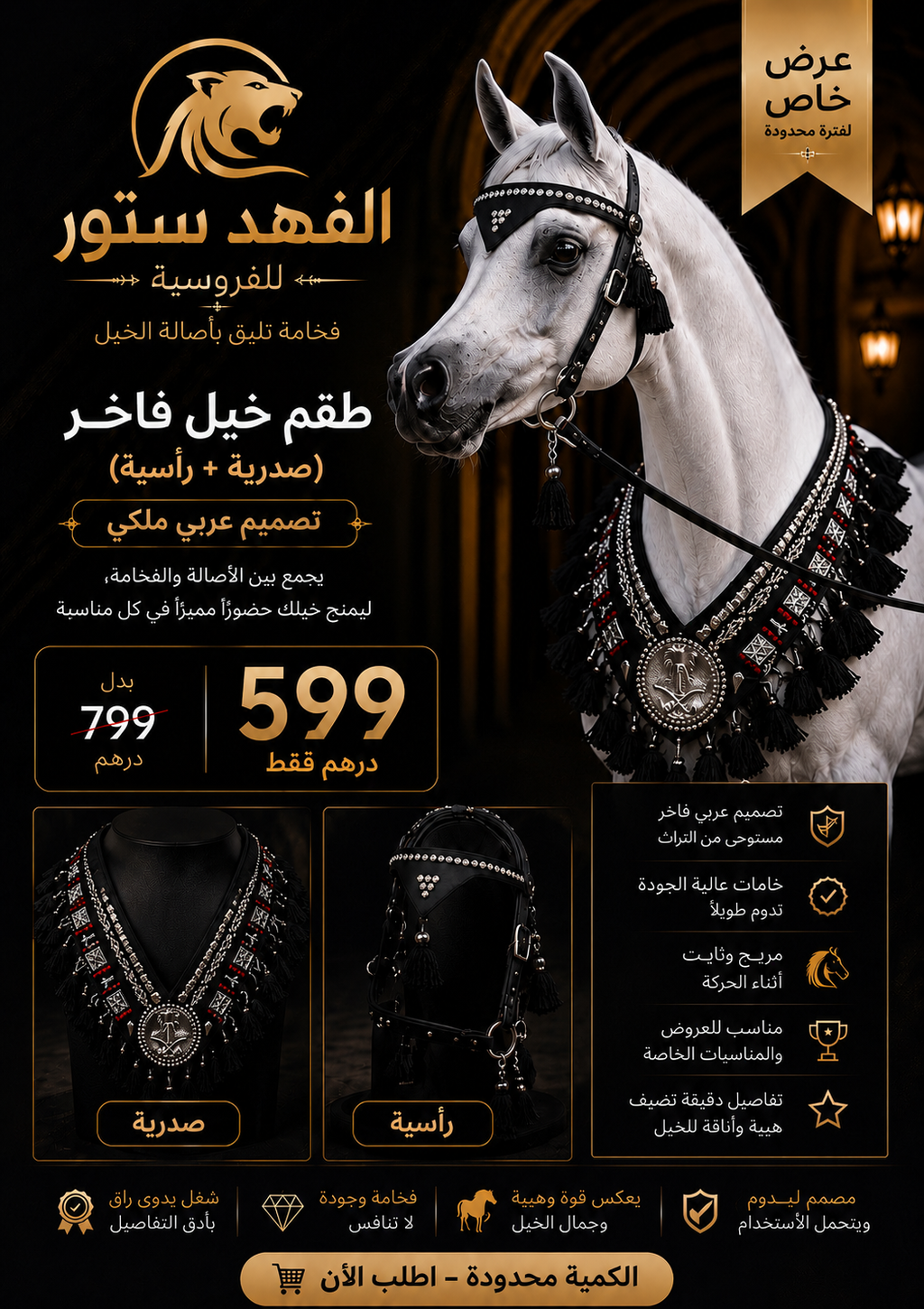 طقم خيل فاخر (صدرية + رأسية) – تصميم ملكي عربي