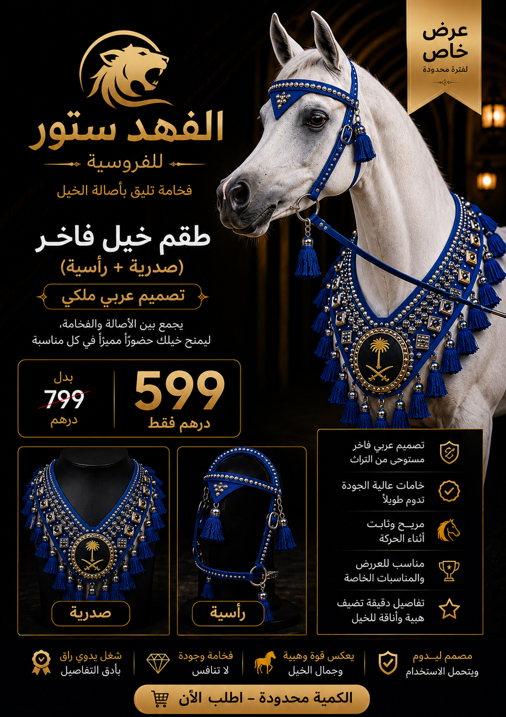طقم خيل فاخر (صدرية + رأسية) – تصميم ملكي عربي