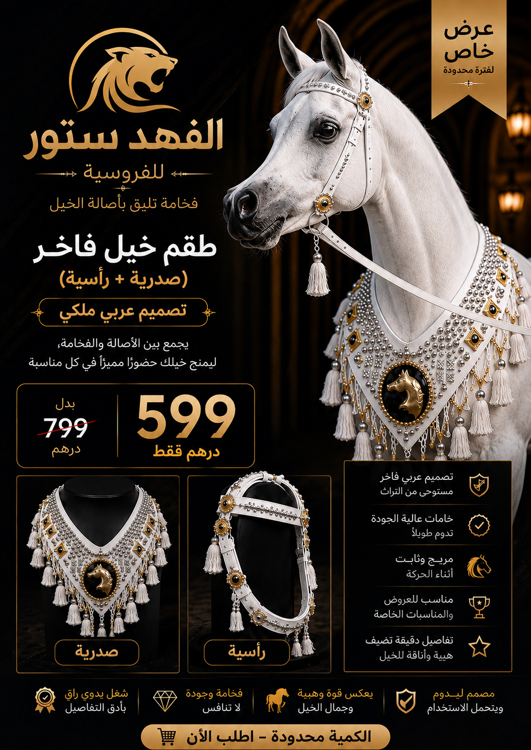 طقم خيل فاخر (صدرية + رأسية) – تصميم ملكي عربي