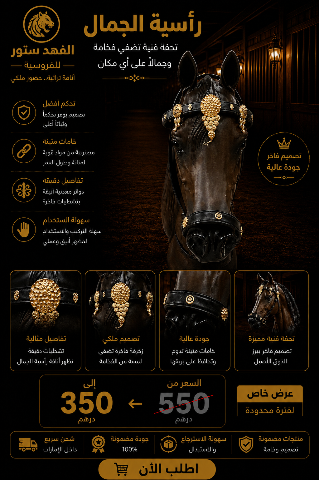 رأسية جمال للخيل مع هولدر – أسود وذهبي